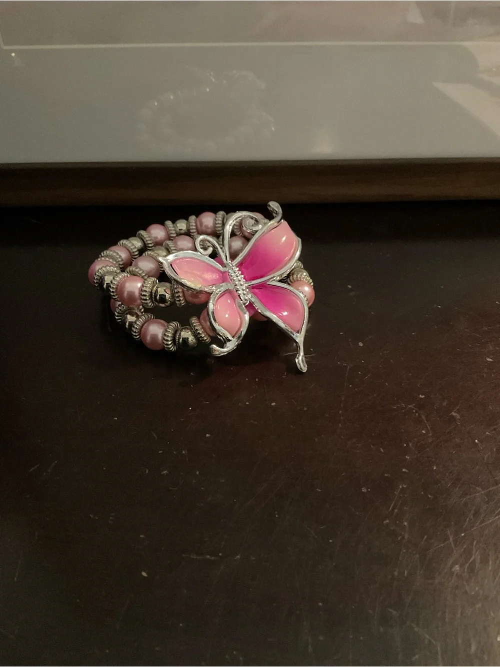 Pink Butterfly Beaded Stretch Bracelet. Double Strand Bracelet. NWOT.